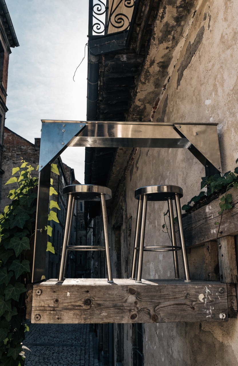Stainless steel balcony structure with angled frame protrudes from beige stone wall holding two metal stools on wooden platform, ivy vines around edges in narrow cobblestone alley.