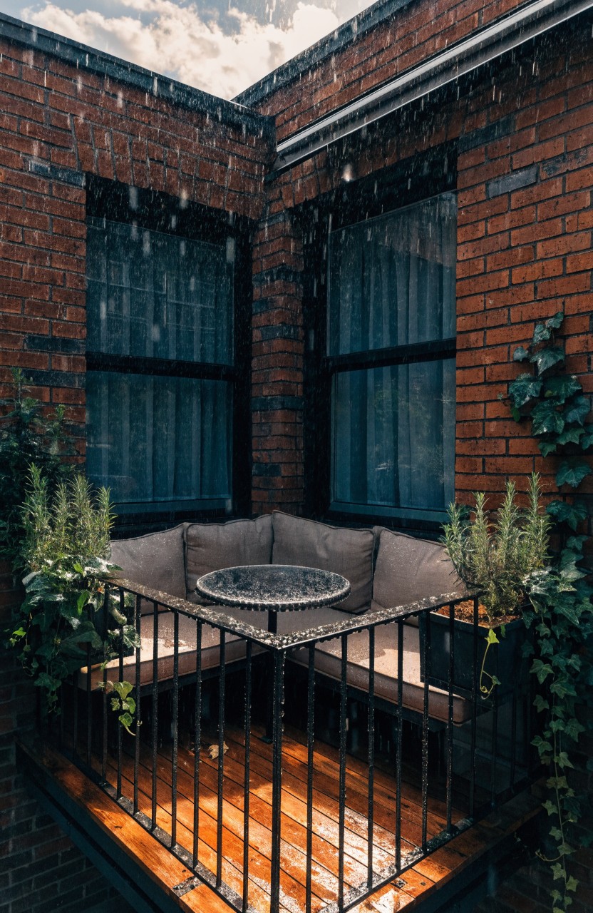 Corner balcony on brick building in the rain with wooden deck floor, wrought iron railing, cushioned wraparound bench around round metal table, and potted rosemary and ivy plants.