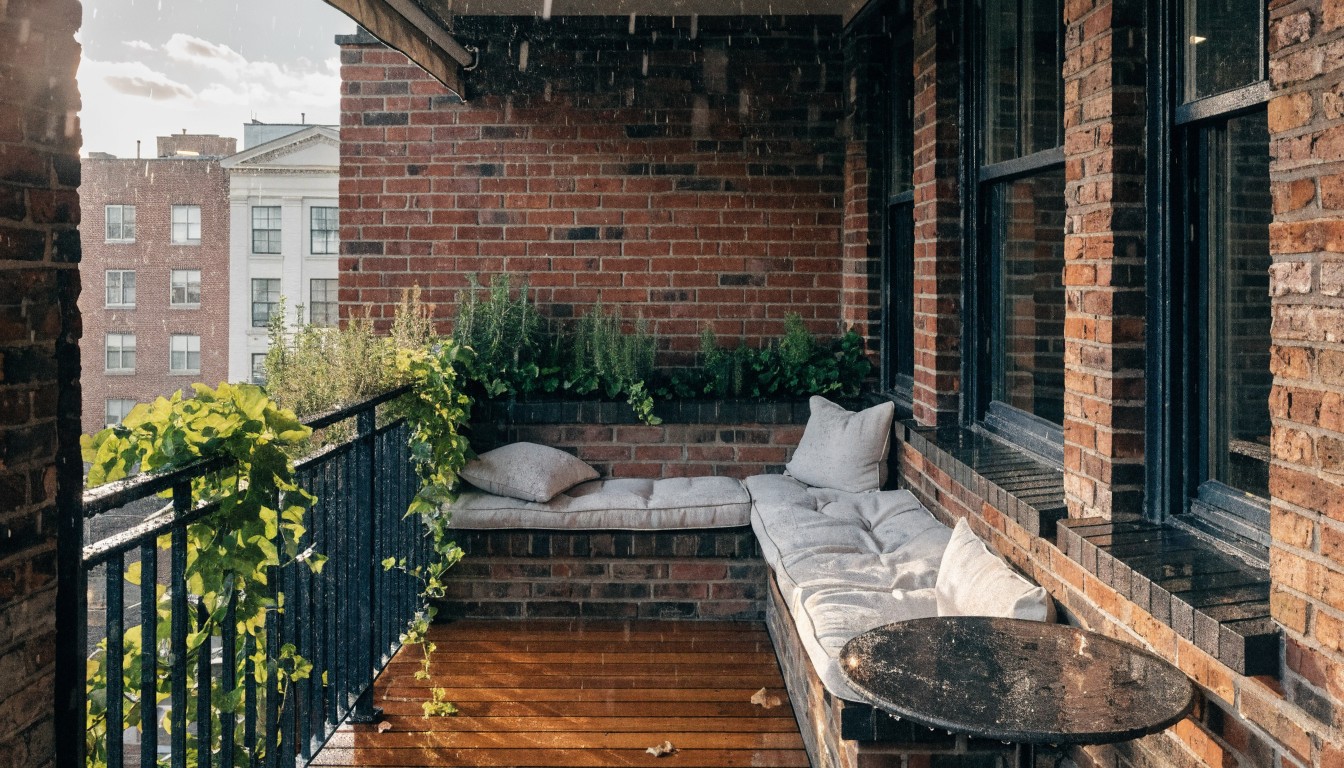 Corner balcony on brick building in the rain with wooden deck floor, wrought iron railing, cushioned wraparound bench around round metal table, and potted rosemary and ivy plants.