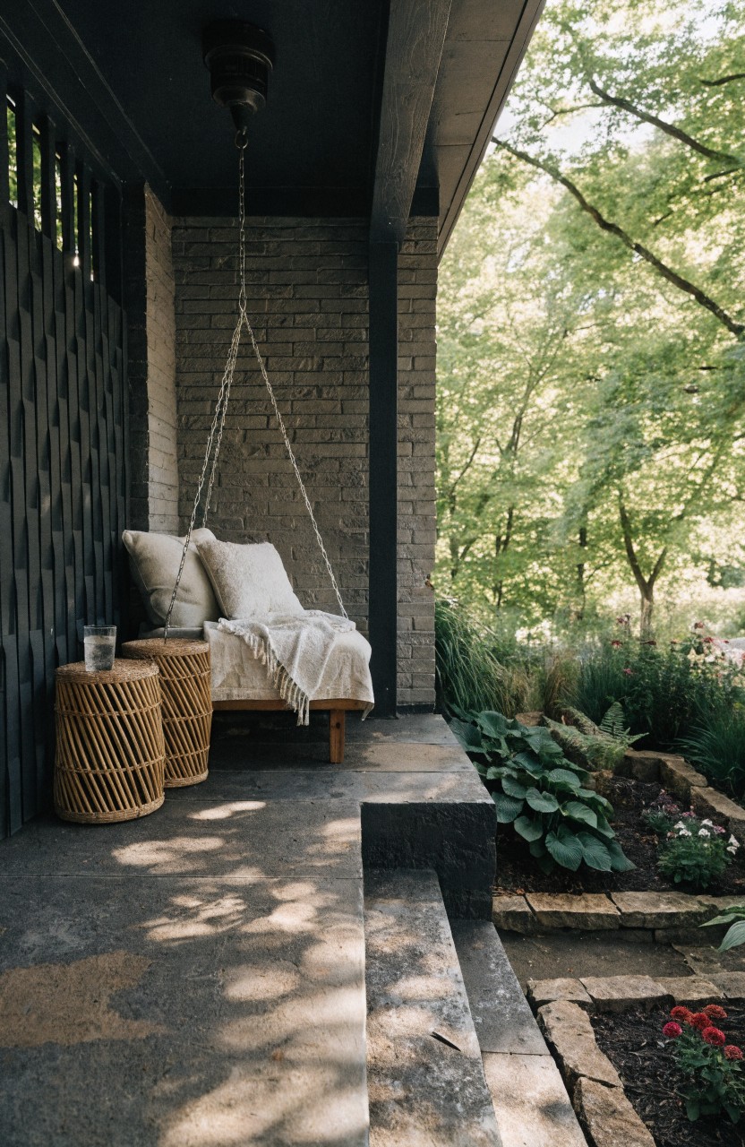 A white cushioned hanging swing bed with pillows and blanket on a covered dark brick porch, two rattan side tables beside it, steps leading down to garden beds with green plants and trees.