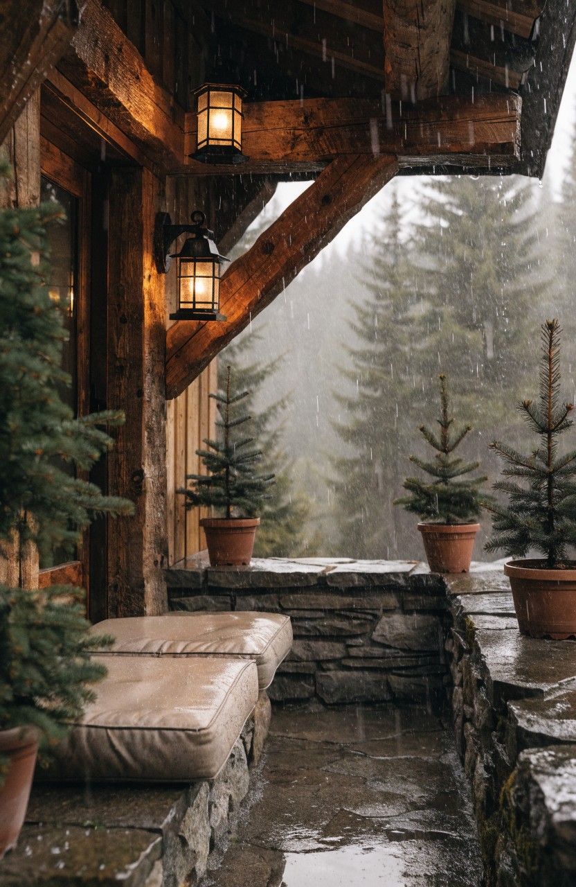 Covered wooden balcony with two hanging black lanterns emitting warm light, two beige cushioned benches on a stone ledge, potted small fir trees in terracotta pots, and rainy evergreen forest in the background.