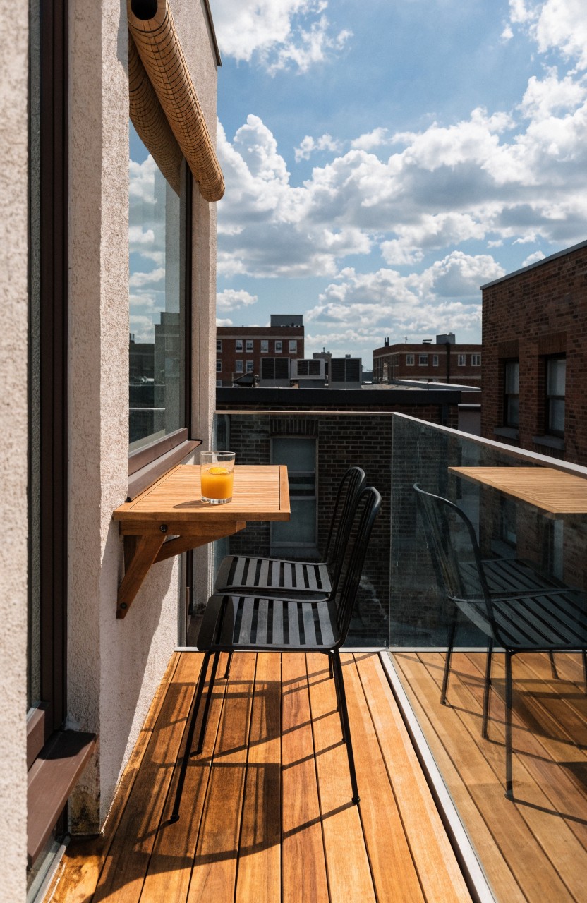 Narrow modern balcony with light wood decking, small protruding wooden table with orange juice glass, two black metal chairs, glass railing, and view to brick buildings under partly cloudy sky.