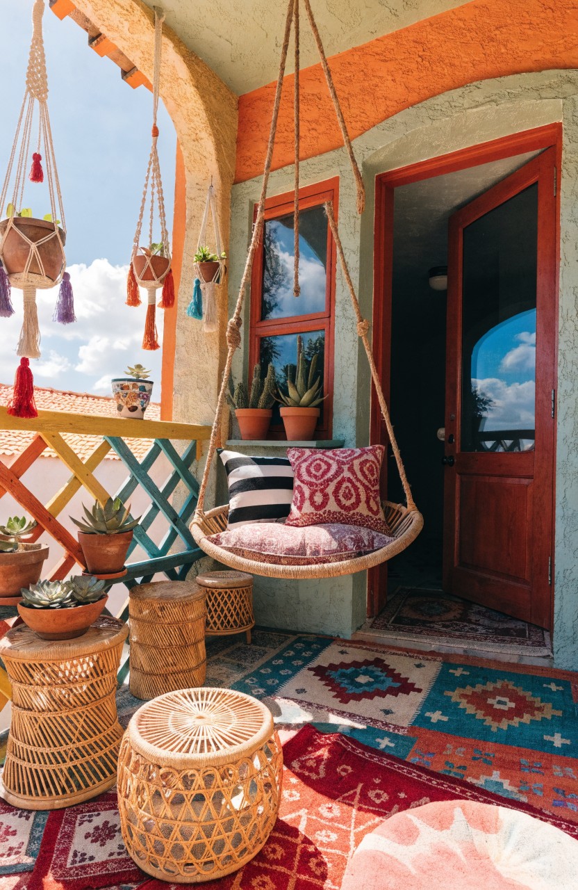 A beige hanging swing chair with colorful pillows on a balcony surrounded by macrame plant hangers, potted succulents, woven stools, patterned rugs, and an open arched doorway in terracotta walls.