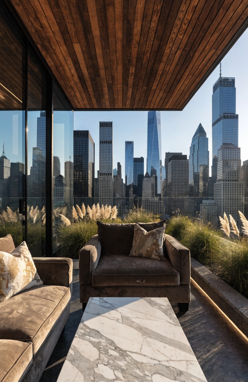 Balcony lounge with two brown upholstered armchairs, matching sofa, and white marble coffee table surrounded by tall pampas grasses under wooden slat ceiling with glass walls and New York City skyline view.