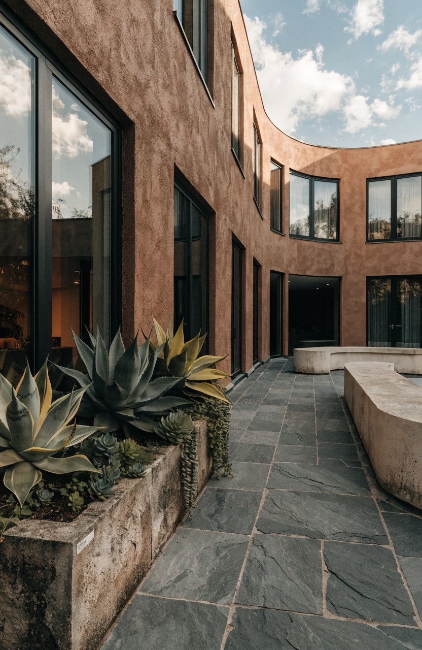 Curved modern building with rust-colored textured walls and large black-framed windows enclosing a courtyard with dark slate pathway lined by large agave plants in concrete planters and a curved stone bench.