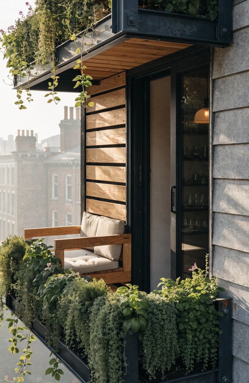 Exterior view of a narrow modern balcony with a wooden bench seat and cushions along the edge, surrounded by lush trailing green plants in metal planters, next to a sliding glass door on a gray building.