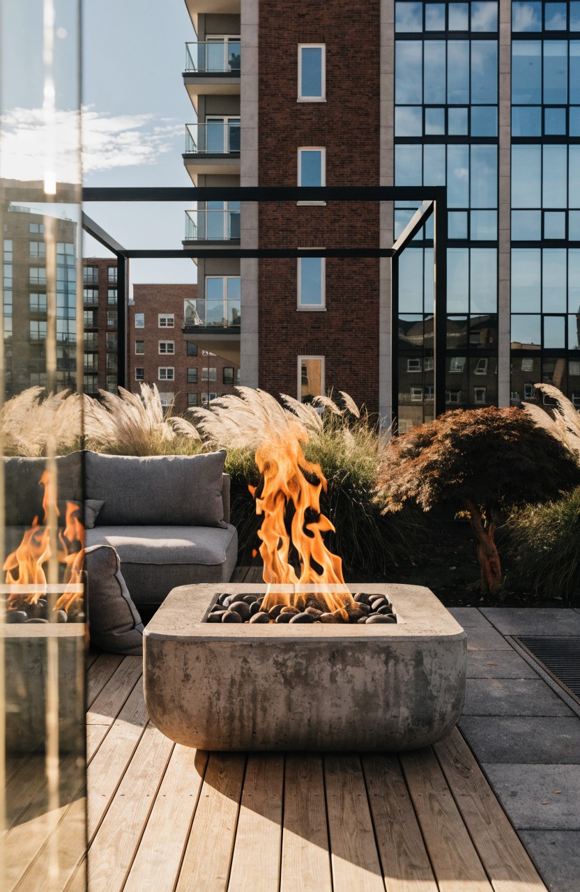 Square concrete fire pit with orange flames on a wooden deck balcony, surrounded by gray sofas, tall ornamental grasses, glass railing, and views of brick and glass apartment buildings.