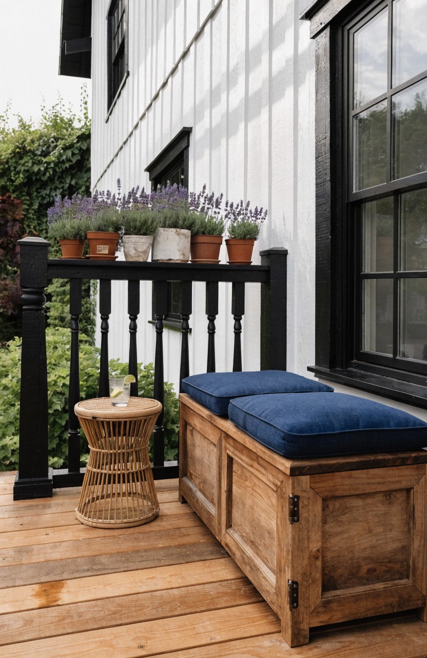 White shiplap house with black window frames and railing, wooden deck holding two lidded wooden benches with navy cushions, rattan side table with drink, and lavender pots on the railing.