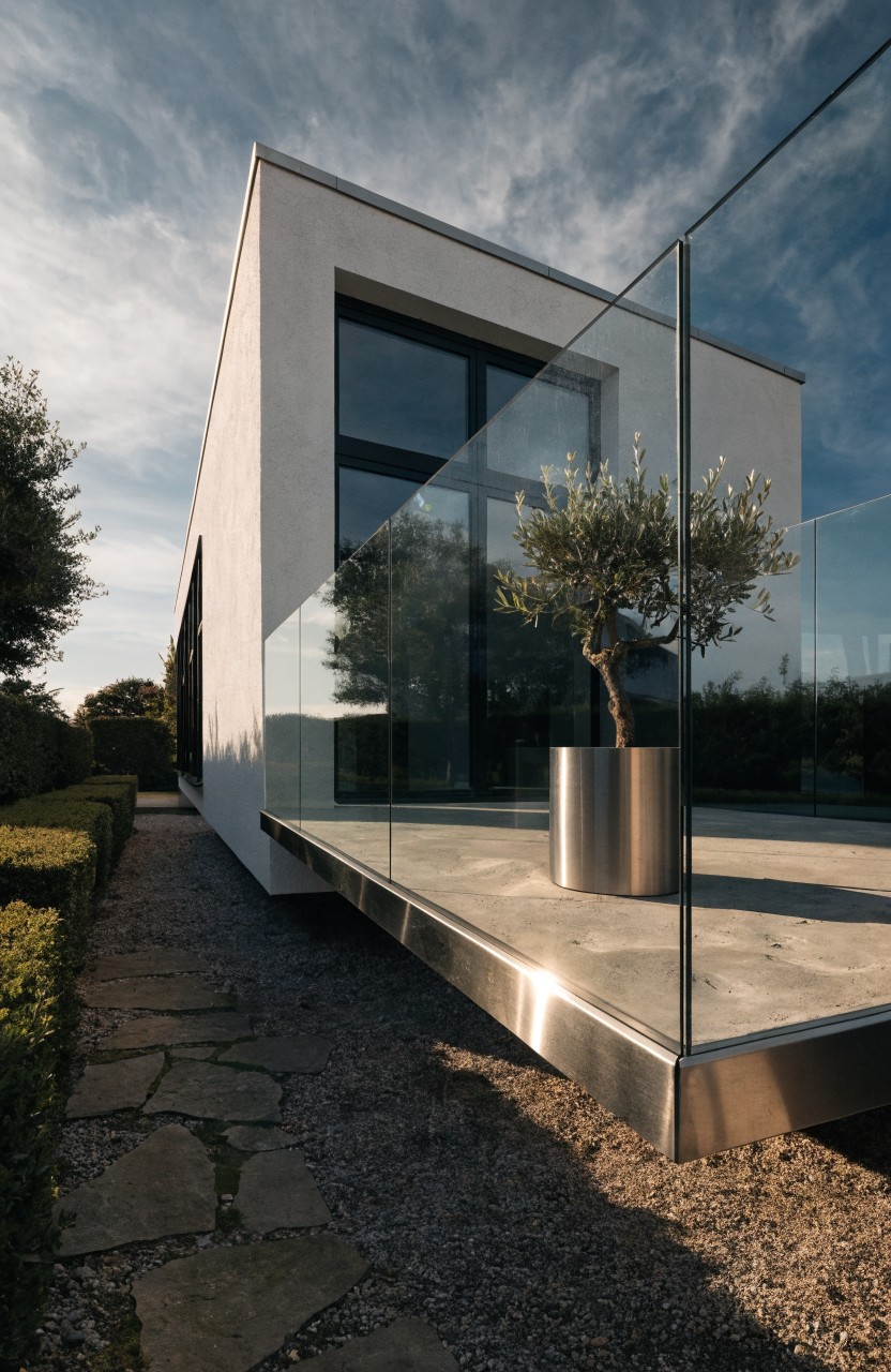 White modern house exterior with cantilevered balcony featuring glass railings and a potted olive tree, stone pathway, hedges, and gravel ground.