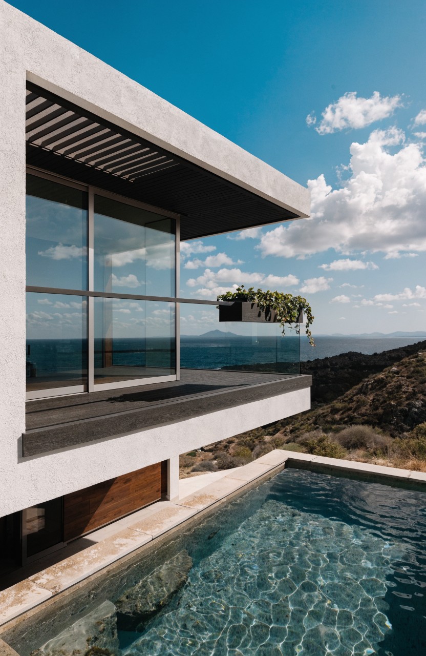 White modern house with cantilevered balcony featuring glass railing and hanging planter above a rectangular pool, on a hillside overlooking the ocean under partly cloudy blue sky.