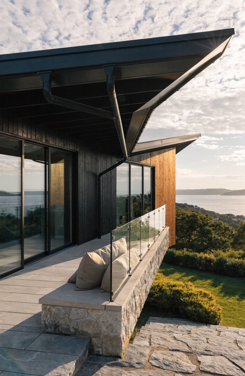 Modern black house exterior with cantilevered dark roof overhanging a balcony that has a stone bench, glass railing, large sliding doors, and ocean view.