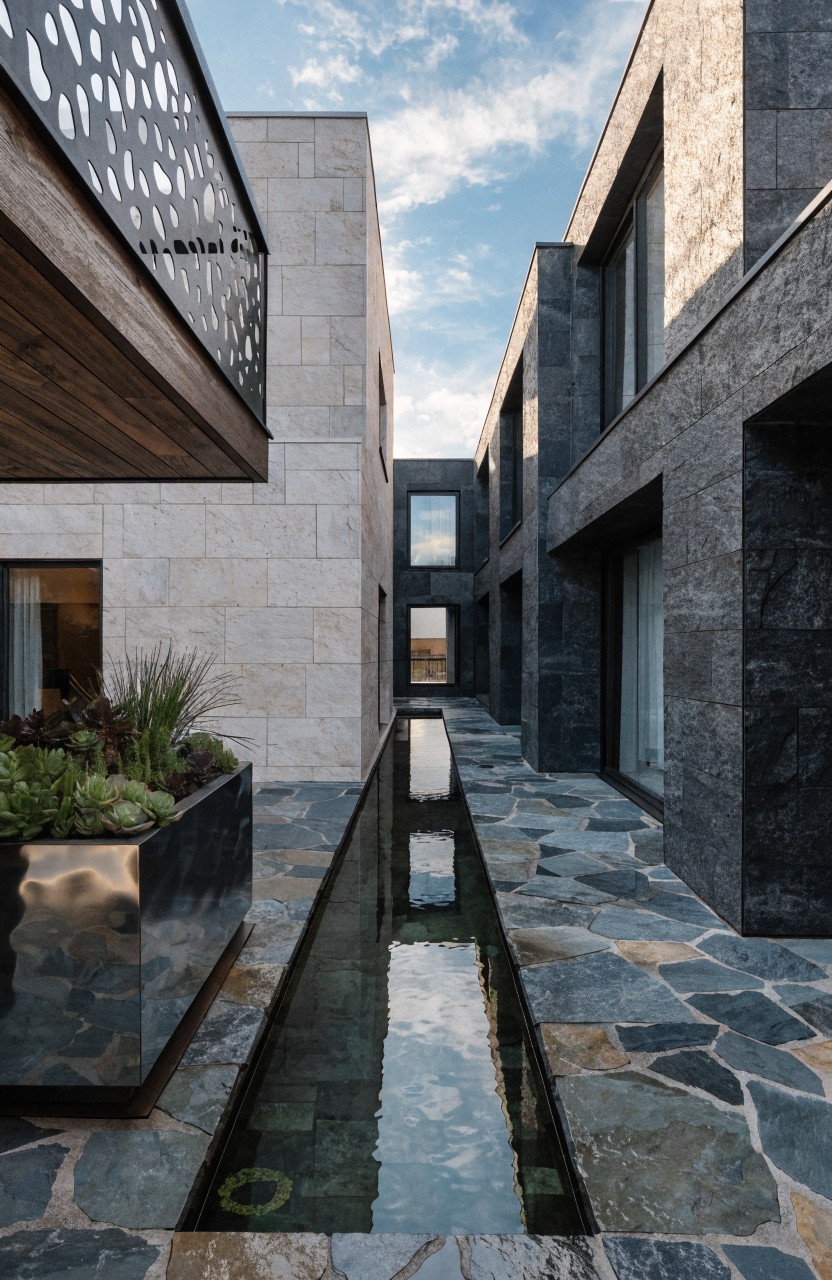 Narrow courtyard between modern stone buildings with a central linear reflecting pool along a pebbled walkway, metal planters holding greenery, and an overhanging balcony with perforated metal railing.