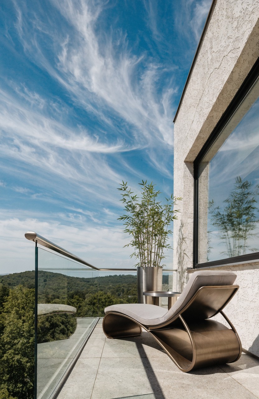 Modern cantilevered balcony with glass railing, curved bronze lounge chair, potted bamboo plants, large window, stucco wall, and view of green hills under partly cloudy blue sky.