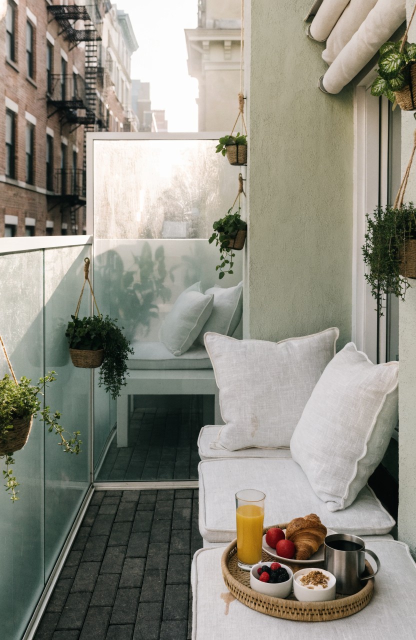 Modern balcony with light green wall, frosted glass railing covered in hanging potted plants, white cushioned bench, and woven tray holding orange juice, croissants, yogurt cups, berries, and coffee against brick urban backdrop.