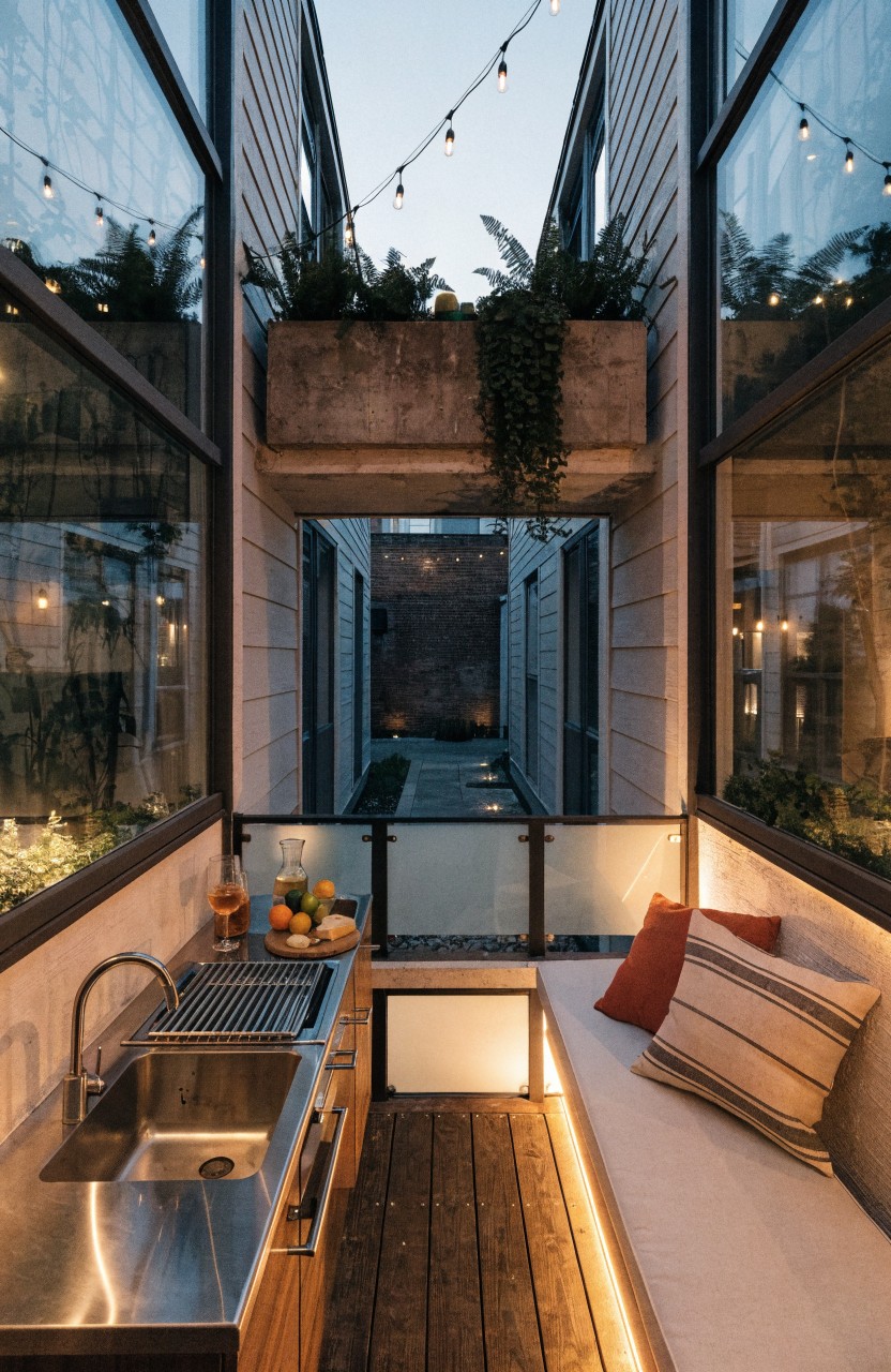 Narrow modern balcony between two buildings with stainless steel outdoor kitchen sink and grill, wooden deck flooring, built-in white bench with red and beige cushions, potted plants, hanging string lights, and glass railings at dusk.
