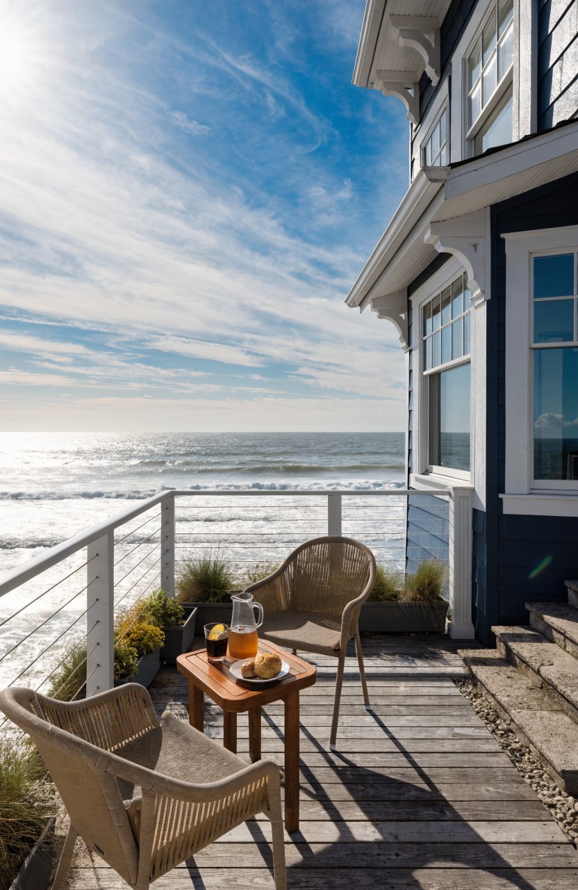 Dark blue sided house with an elevated wooden deck balcony overlooking the ocean, white metal railing, two rattan chairs around a low table holding orange slices and drinks, potted grasses, and stairs leading down.