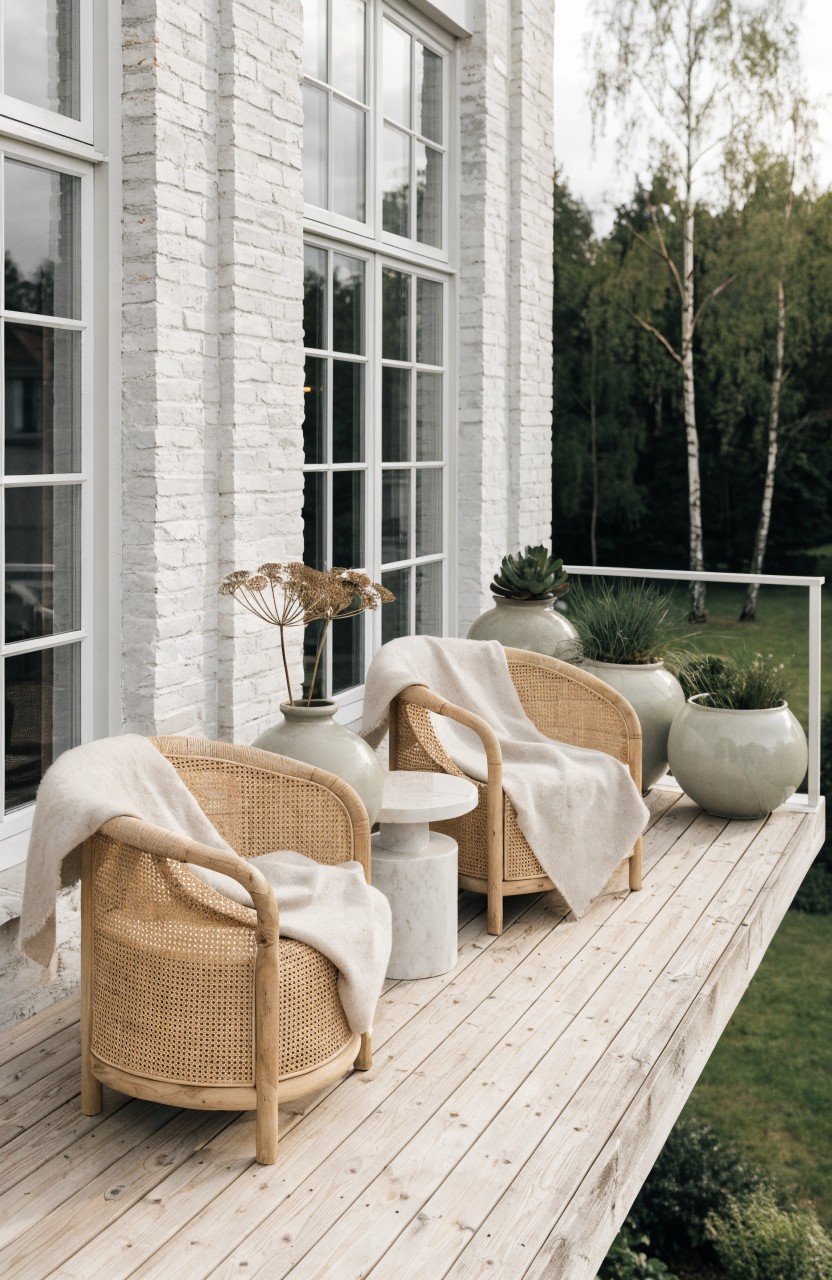 Wooden deck balcony on a white brick house with two rattan armchairs draped in white throws, a round white pedestal table between them, and large round ceramic pots holding plants, next to large windows and overlooking birch trees and grass.