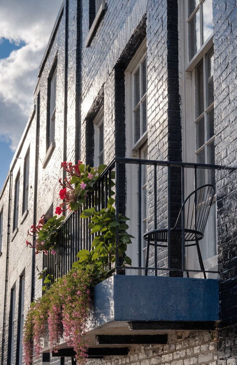 Black brick townhouse facade with white sash windows, a small blue balcony having black metal railings, a black wire chair, green plants, and red trailing flowers in planters and baskets.