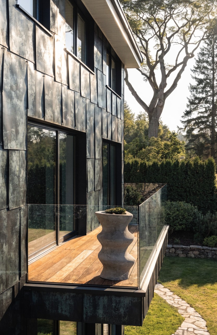 Modern two-story house exterior with dark textured metal wall panels, a cantilevered balcony featuring wooden decking, clear glass railing, a tall wavy potted plant, sliding glass doors, and adjacent landscaped yard with path and trees.