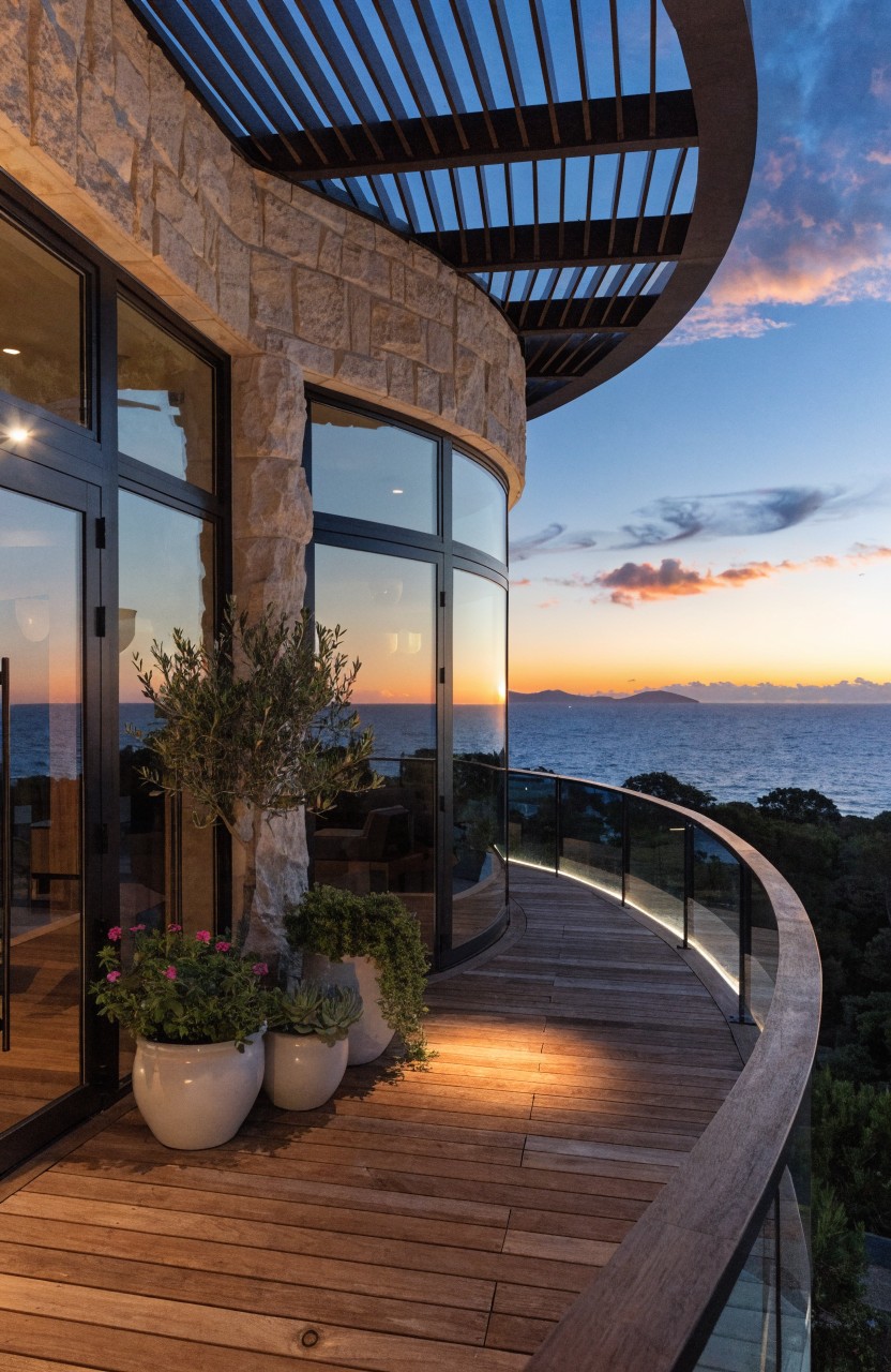 Curved stone house corner with wraparound wooden deck balcony, glass railings, potted olive tree and flowers, large windows, and sunset ocean view.