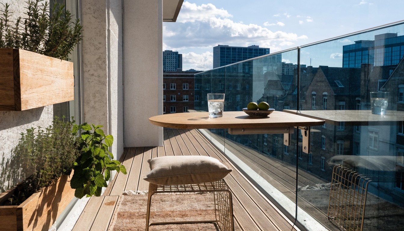 Small outdoor balcony featuring white brick walls, wooden deck flooring, a cantilevered wooden counter with two glasses of iced lime drink, a single cushioned wire bar stool, vertical black planters with greenery, glass railing, and a background view of London skyline with St. Paul's Cathedral.