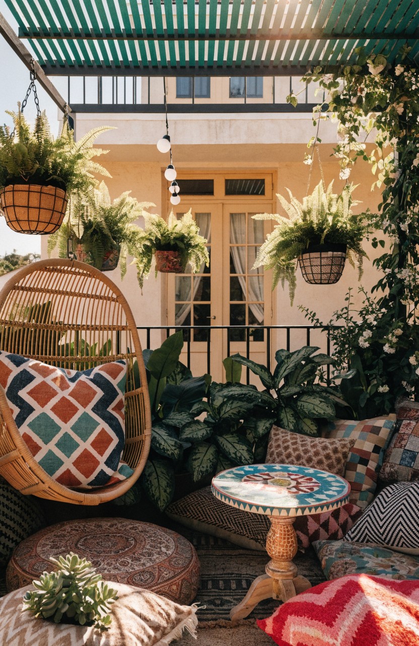 Balcony under a green slatted pergola roof with multiple hanging fern pots, potted plants on the floor, a large rattan egg chair with patterned pillows, floor cushions, a small round table, and yellow double doors in the background.