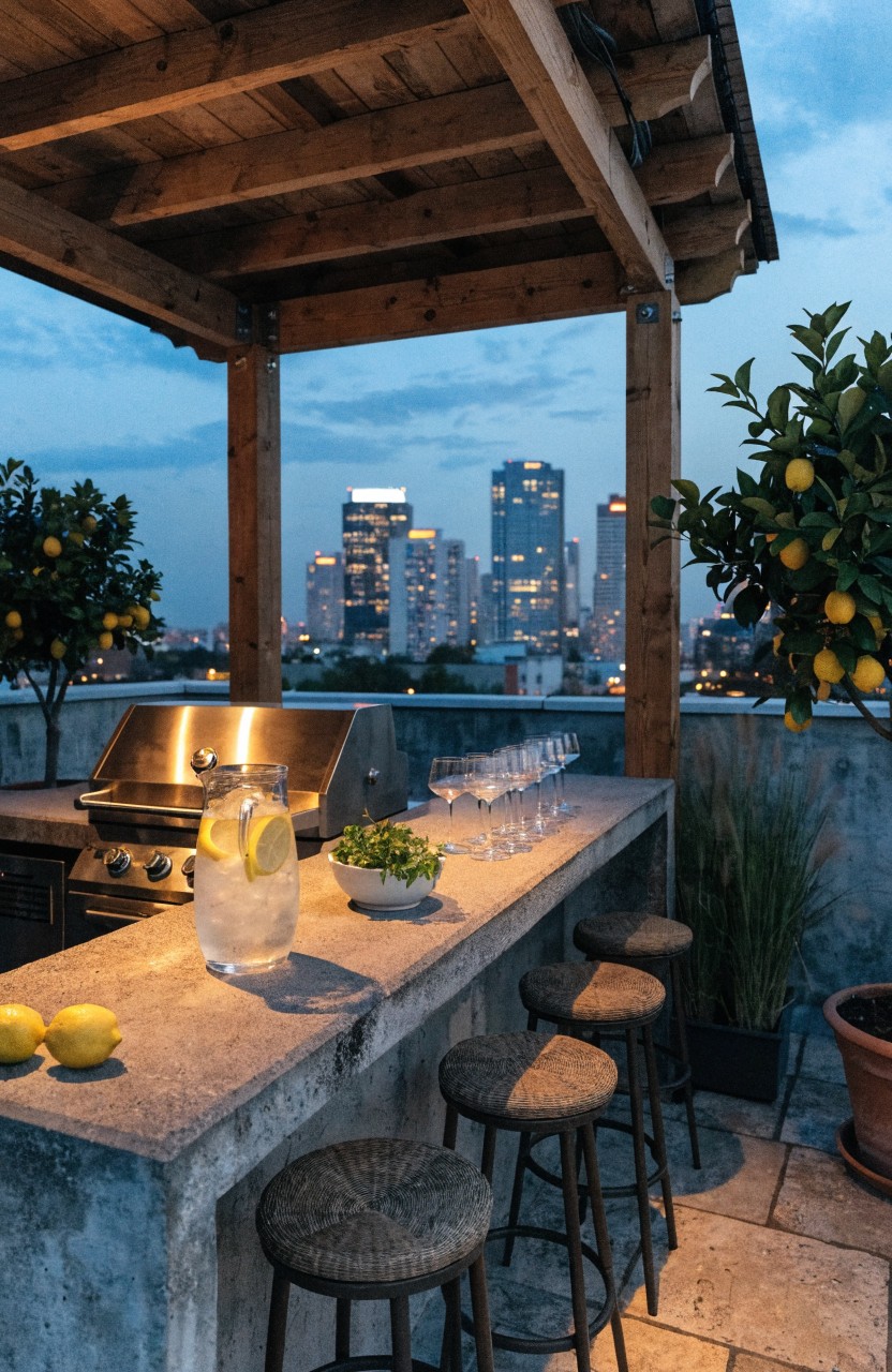 Rooftop terrace under wooden pergola with concrete bar counter holding glasses, lemon water pitcher, and loose lemons, adjacent gas grill, cushioned bar stools, potted lemon trees and grasses, tile floor, city skyline at dusk.