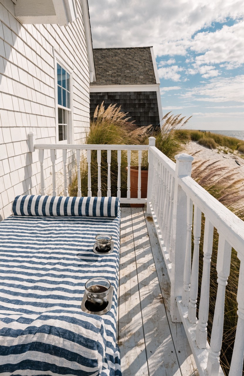 White shingled house exterior with a balcony deck holding a blue striped mattress and bolsters, flanked by potted tall grasses and overlooking sand dunes.
