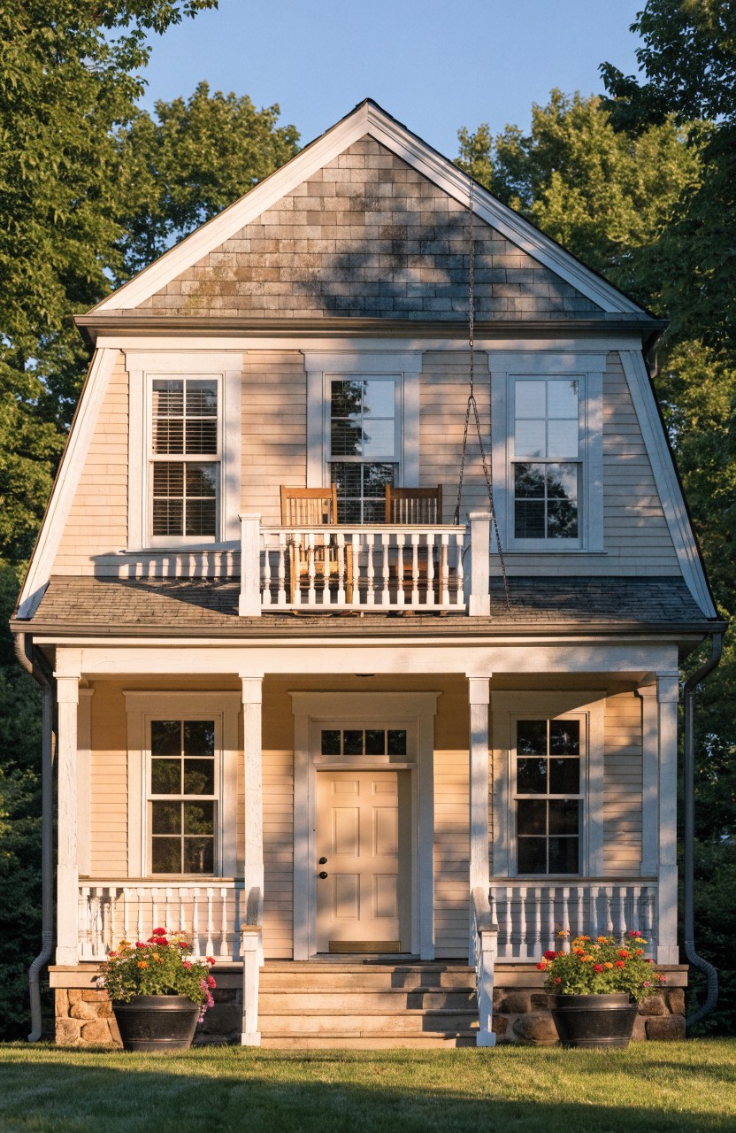 A small two-story house painted light yellow with white trim and a gambrel roof, featuring a covered front porch below a second-story balcony with railing and chairs, flanked by trees and potted flowers on stone steps.