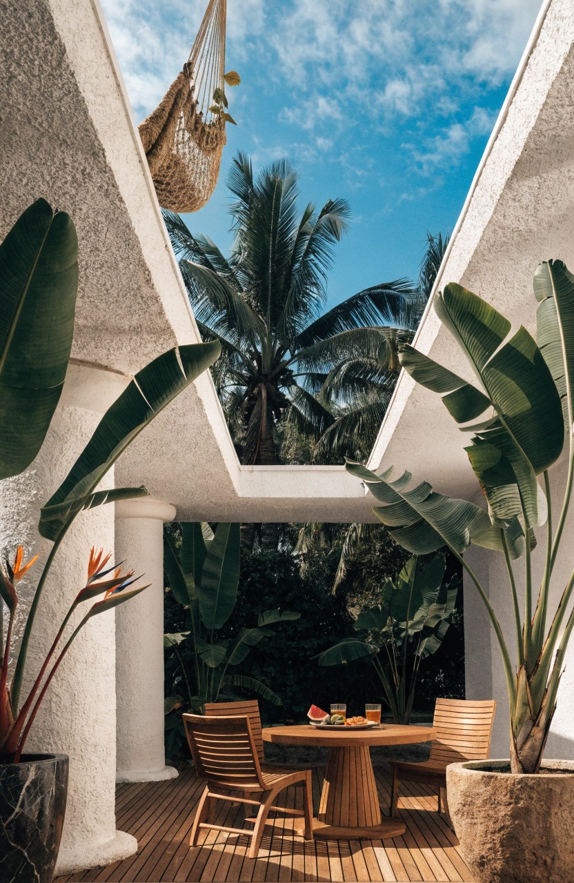 Open wooden deck with round wooden table and two chairs, surrounded by tall potted banana plants next to white columns, palm trees and blue sky in background.