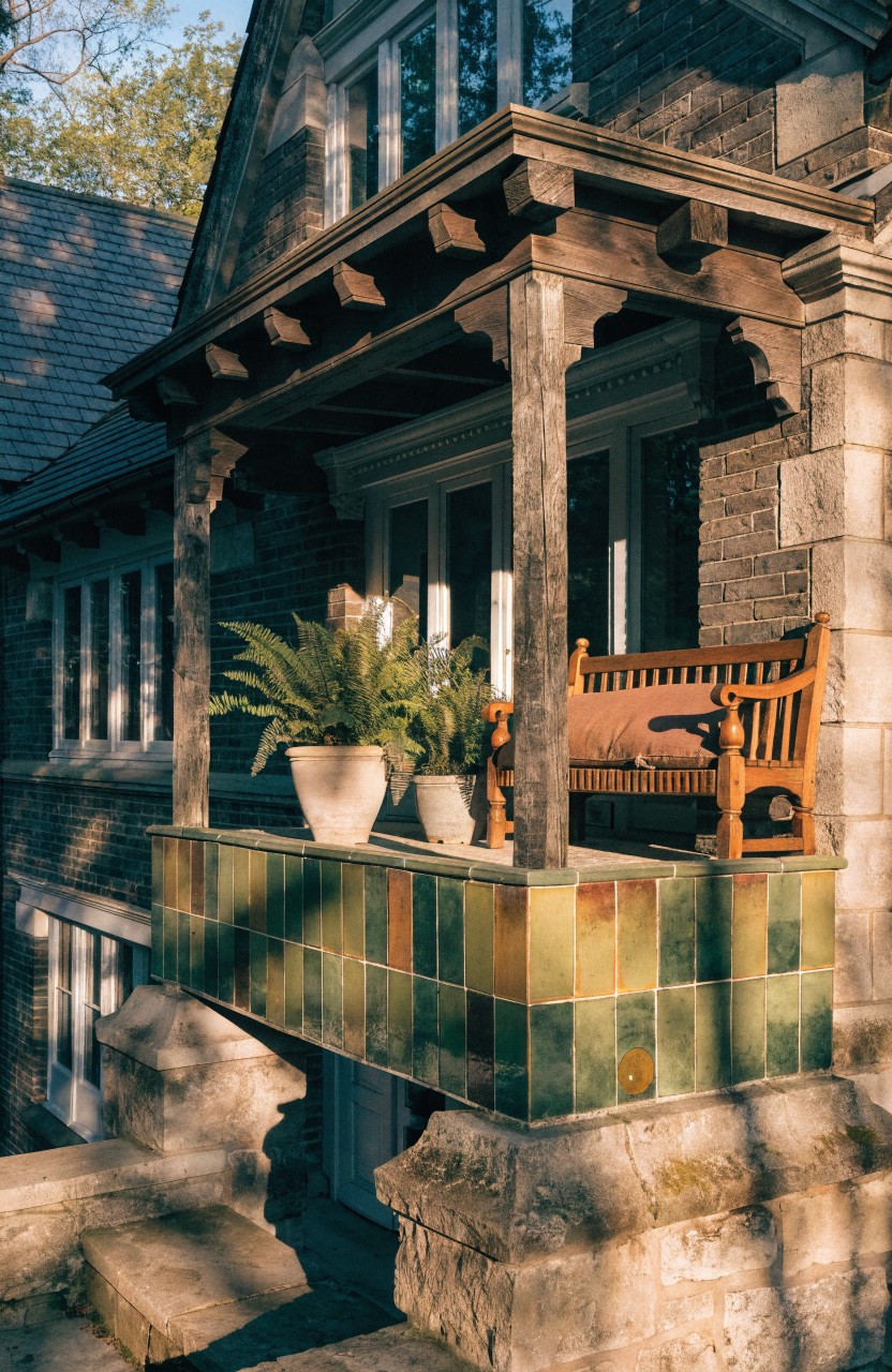 Stone and brick house exterior with elevated wooden balcony featuring green and orange tiled balustrade, wooden bench with pink cushion, and two white pots of ferns.