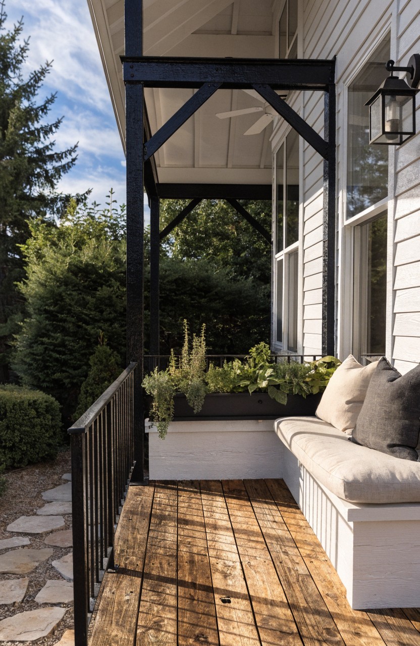 White house with black metal porch framing and railing, wooden deck floor, built-in white bench with beige and gray cushions and pillows, black planters with greenery, lantern light, and surrounding shrubs and trees.