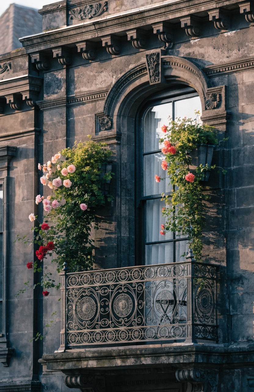 Dark stone building facade with arched window, ornate wrought-iron balcony railing, and pink climbing roses growing over the rail and up the wall.