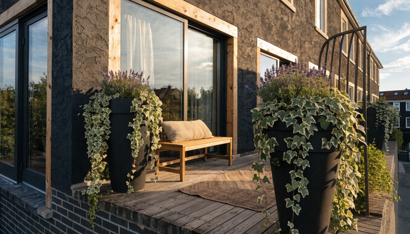 Black metal framed glass enclosure attached to brick house wall, featuring wooden deck floor, cushioned bench, and two large black pots of lavender plants on either side.