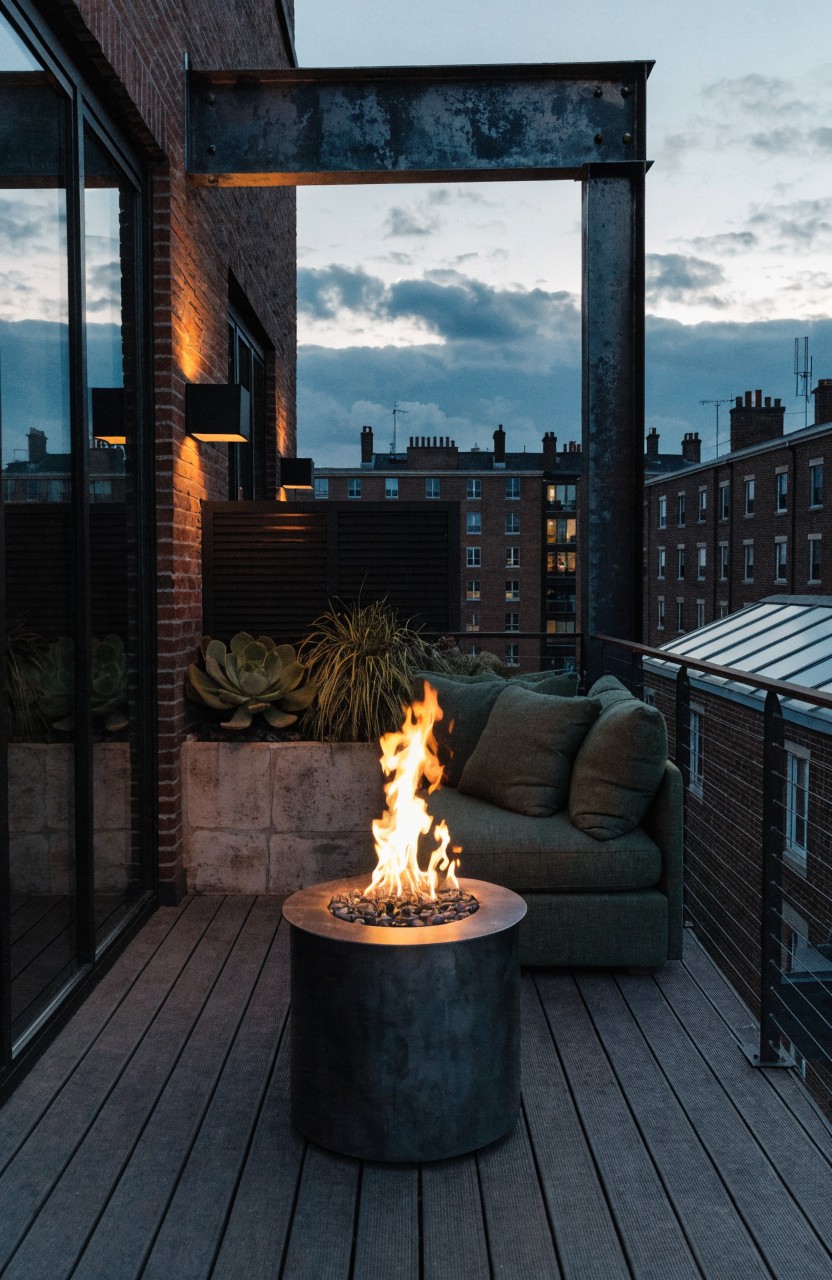 Rooftop balcony deck at dusk with central round metal fire pit burning, green cushioned sofa beside it, potted plants in brick planters, glass doors, metal beams, and city buildings in background.