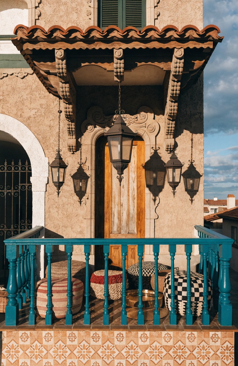 Balcony on a stucco house with turquoise railing, assorted colorful poufs on tiled floor, hanging lanterns, and arched wooden door below.