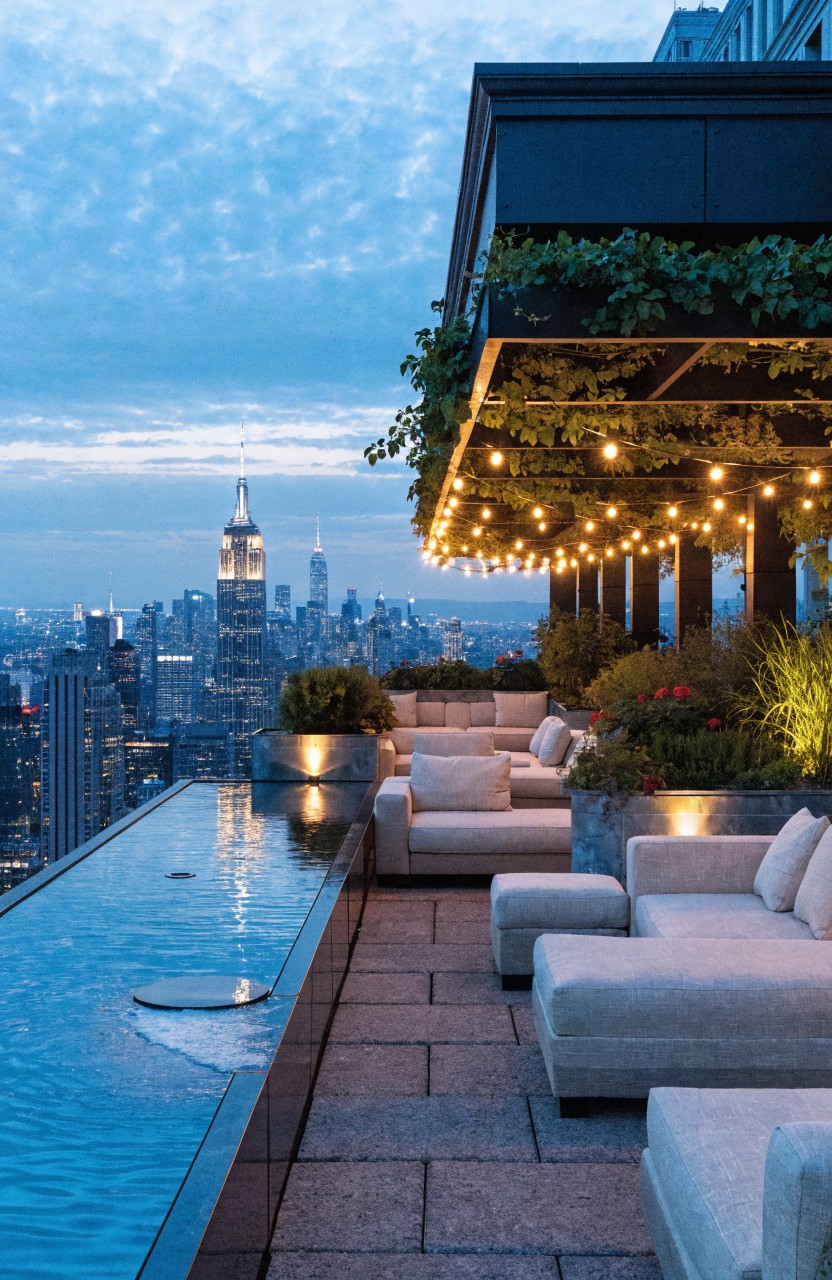 Rooftop balcony with a long infinity-edge pool, white modular lounge seating, potted plants, vine-covered pergola with string lights, overlooking New York City skyline at dusk.