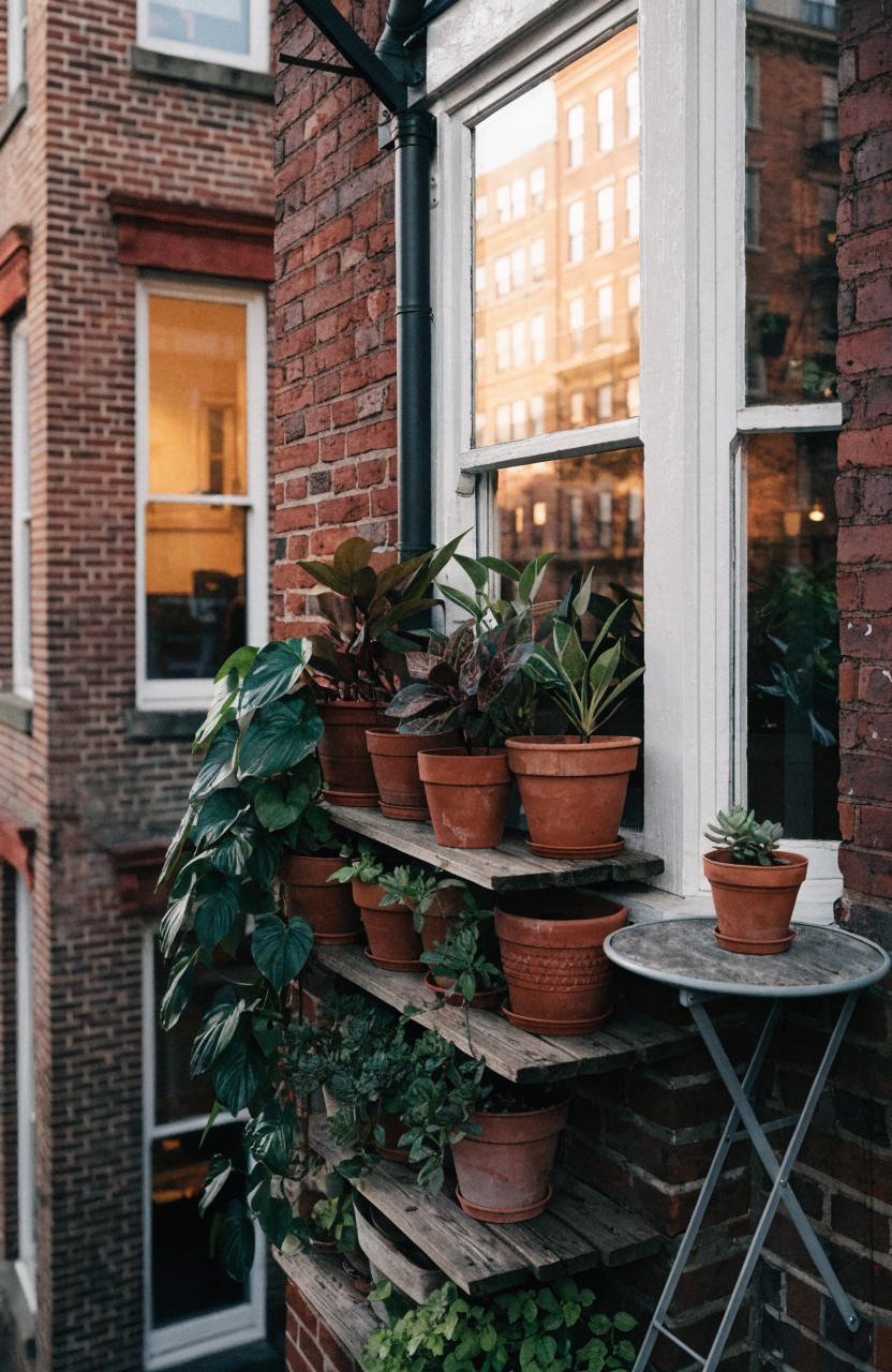 Brick exterior wall with wooden shelves holding terracotta pots of trailing plants, succulents, and greenery around a window, plus a small metal table nearby.