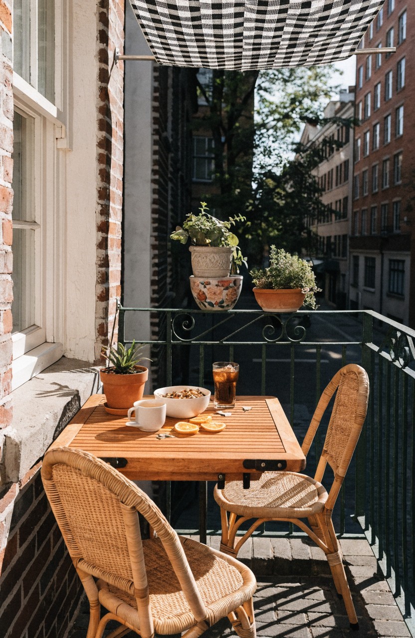 Small wooden table with two rattan chairs on a narrow brick balcony against a wrought-iron rail, set with breakfast items, potted plants on the ledge, and a checkered fabric canopy overhead in an urban setting.