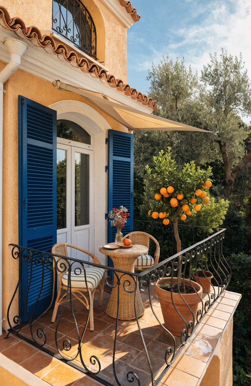 Yellow stucco balcony on a Mediterranean-style house with blue shutters, wrought iron railing, two potted orange trees, round cafe table with striped chairs, and terracotta tile floor.
