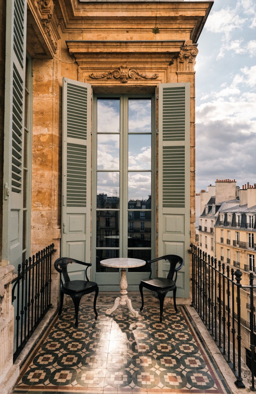Balcony with open green shutters on tall windows, small round table and two green chairs on black and white patterned tile floor, wrought-iron railing, overlooking beige buildings under partly cloudy sky.