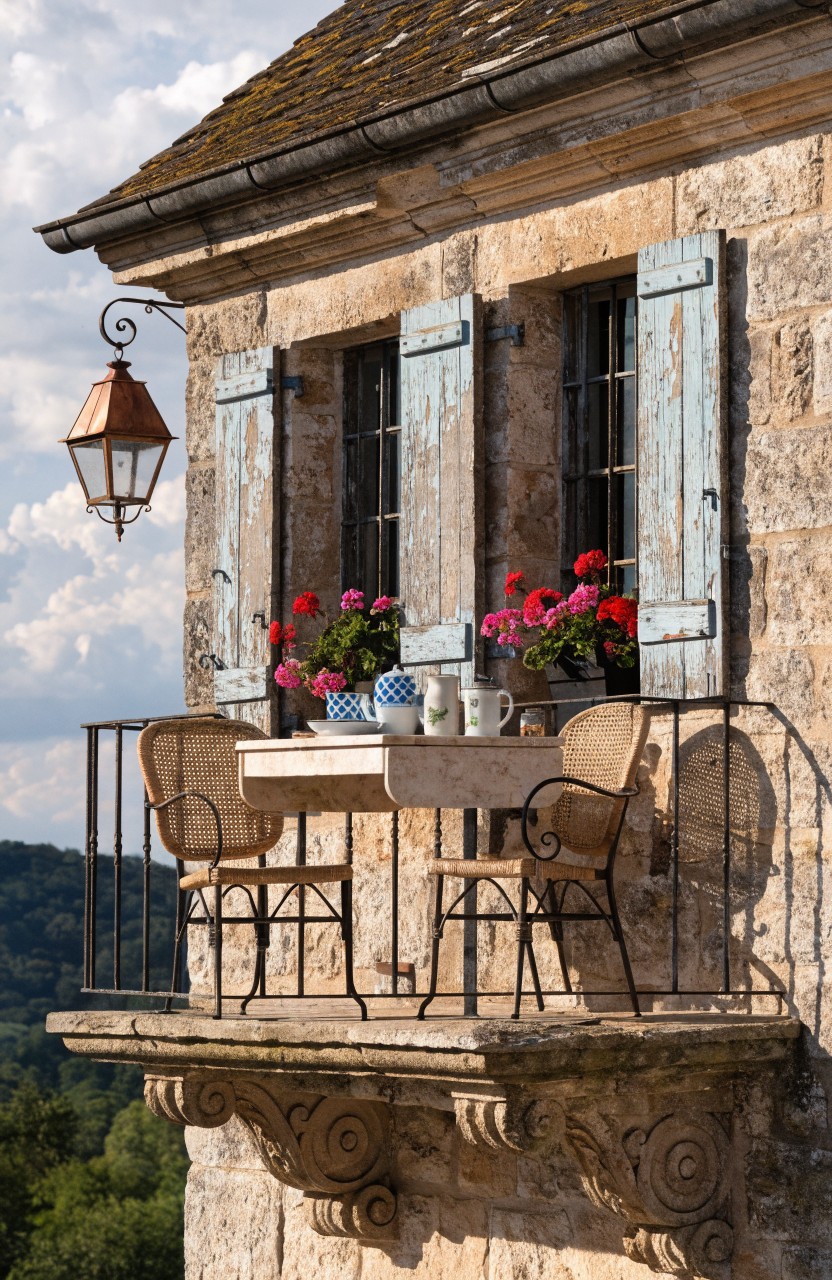 Stone house wall with a small balcony holding a round table, two wicker chairs, flower pots with red geraniums, blue shutters on windows, a hanging lantern, and a landscape view below.