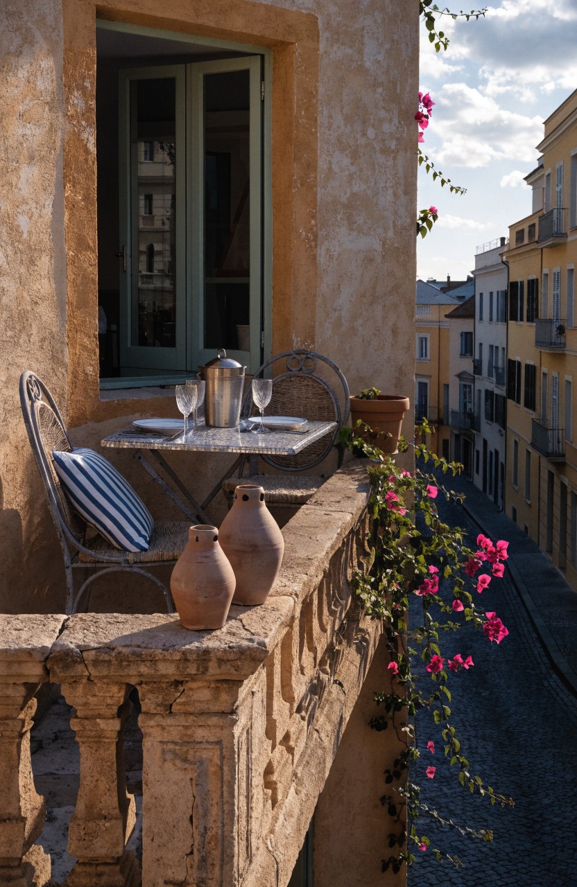 Small wrought-iron table set for two with plates, glasses, and a coffee pot on a stone balcony balustrade, flanked by terracotta pots and cascading pink bougainvillea vines on a beige stucco building overlooking a narrow cobblestone street.