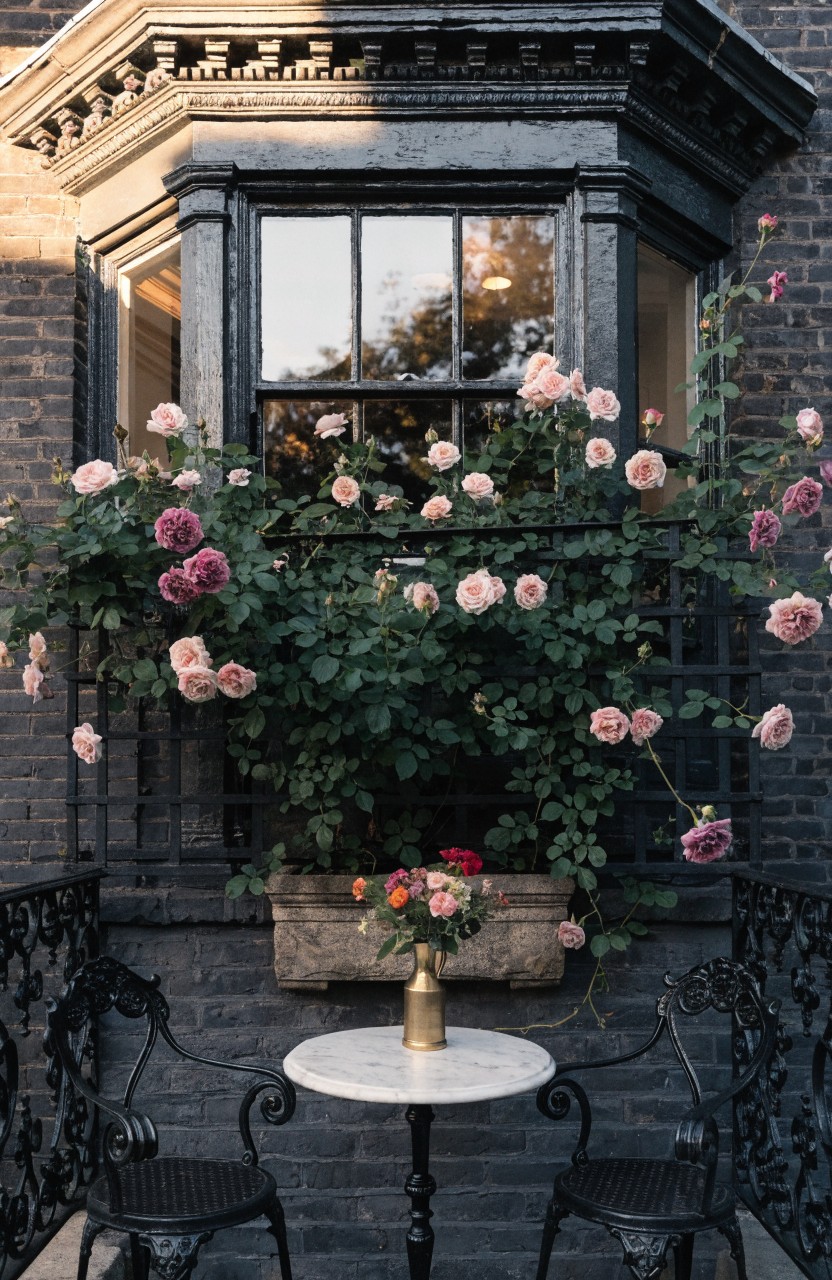 Brick house exterior with bay window covered in pink and magenta climbing roses, small black wrought-iron balcony with two chairs around a round marble-topped table holding a gold vase of flowers.