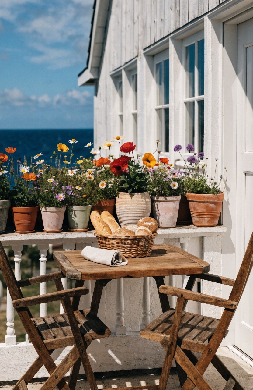 White wooden house exterior with balcony overlooking blue ocean and sky, wooden table on balcony holding bread baskets and napkin, colorful flower pots along ledge, two wooden chairs.