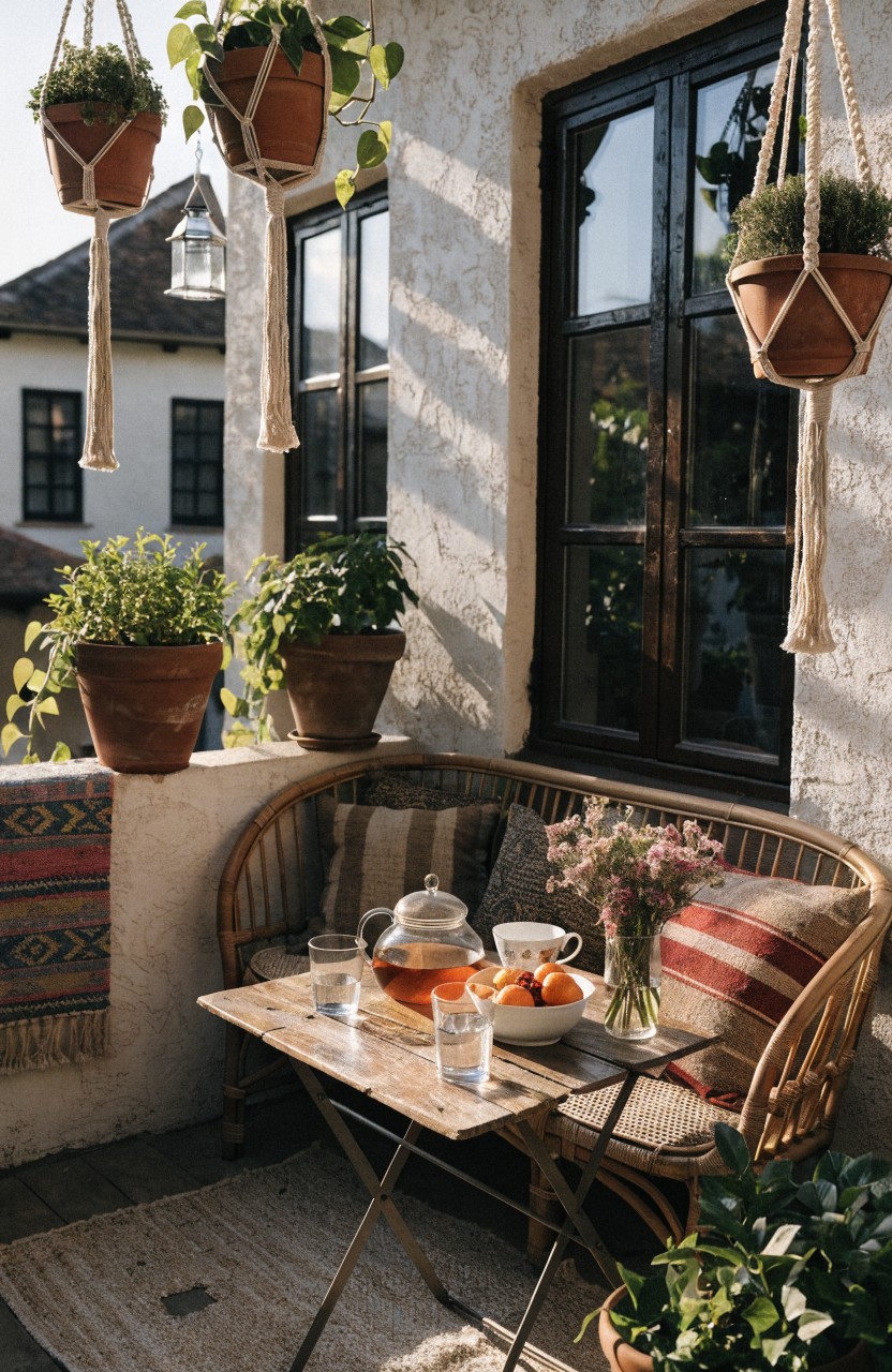 Small balcony with low wooden table set for tea including teapot, glasses, oranges, and flowers, rattan loveseat and chair, multiple macrame hanging planters, potted plants, and woven rug against white stucco wall with black-framed windows.