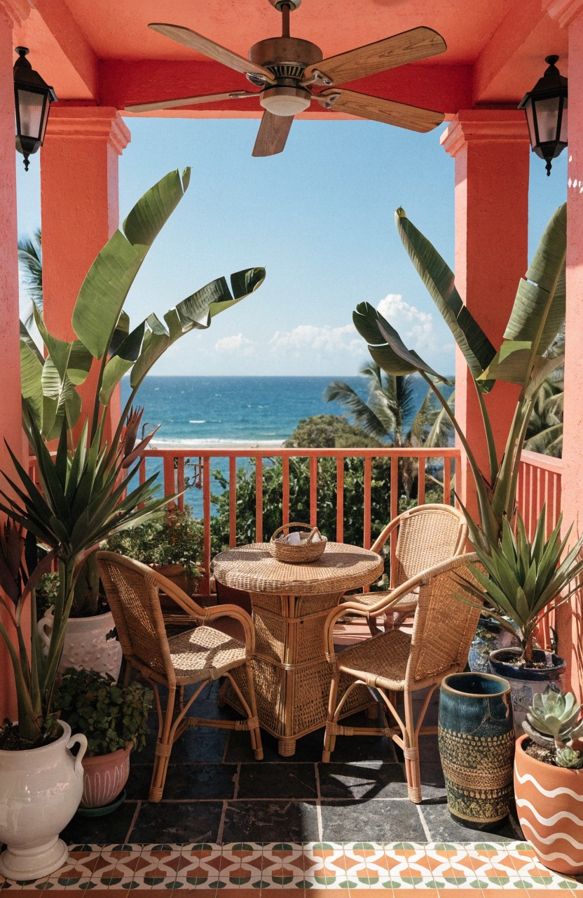 Coral-colored covered balcony with rattan round table and four chairs surrounded by large potted banana plants, palms, and succulents, overlooking the ocean.