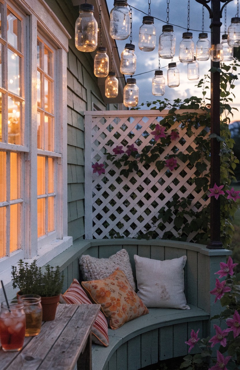 Curved green wooden bench with assorted pillows on a balcony platform next to a rustic table holding two drinks and potted plants, with hanging mason jar lights overhead and a white lattice fence with purple flowers against house siding and windows.