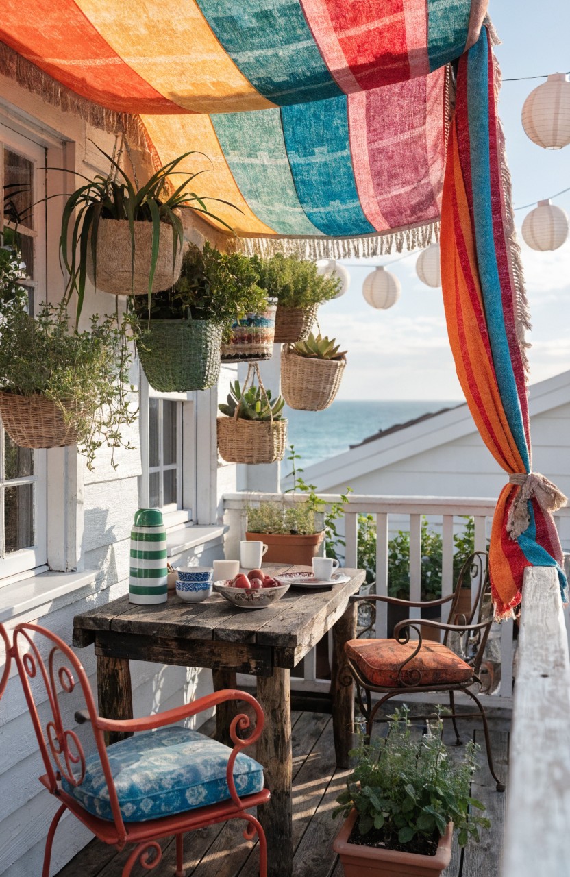 Small balcony with multicolored striped fabric canopy overhead, hanging plants and lanterns, rustic wooden table set with chairs, white house exterior, and ocean view in background.