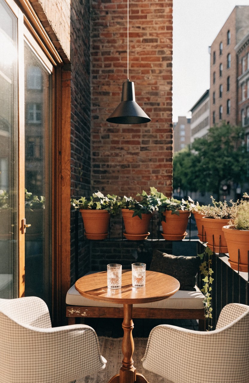 Small round wooden pedestal table with two glasses on a brick balcony, flanked by two white upholstered chairs, terracotta pots with greenery along the metal railing, and a hanging black conical lamp overhead.